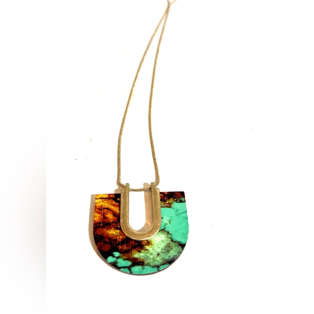 Printed wood Turquoise and Brown Semi-Circle Pendant Necklace - Women Jewelry